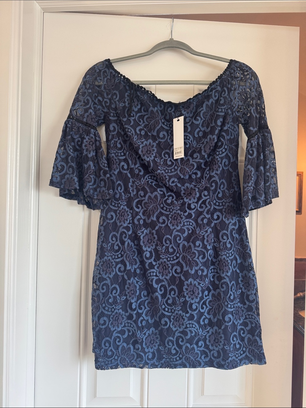 BB Dakota Navy Blue Lace Off-Shoulder Mini Dress